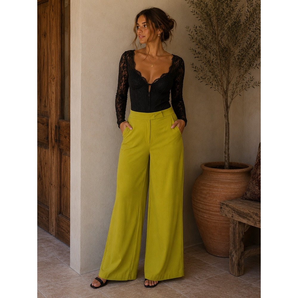 House of CB Maite Chartreuse Yellow‎ Wide Leg High Waisted Trousers Pants XS